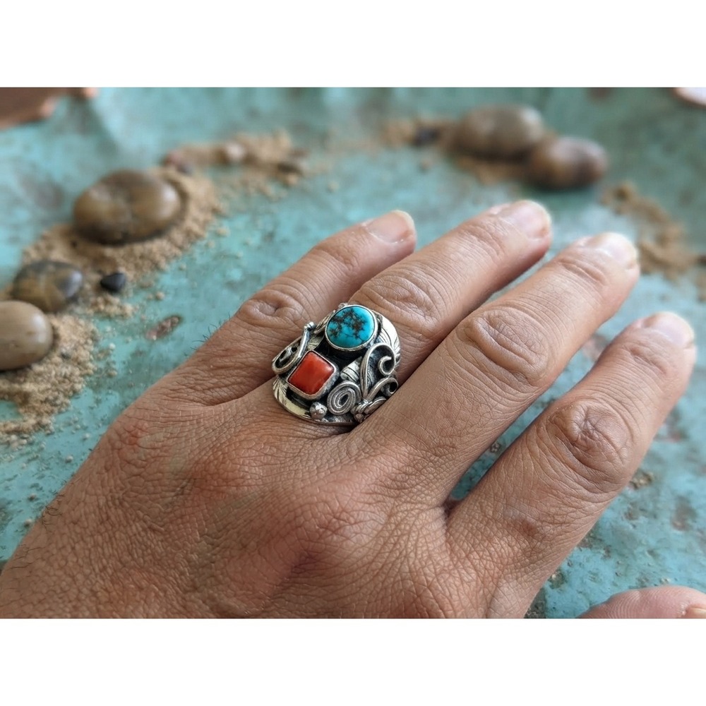 Heavy Sterling Silver Turquoise Coral Signet Ring Size 11.5 US**
